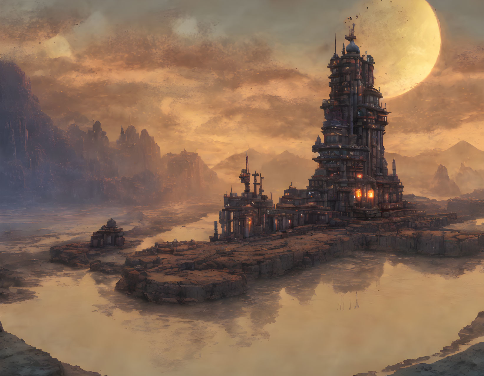 Fantasy pagoda in rocky terrain under crescent moon