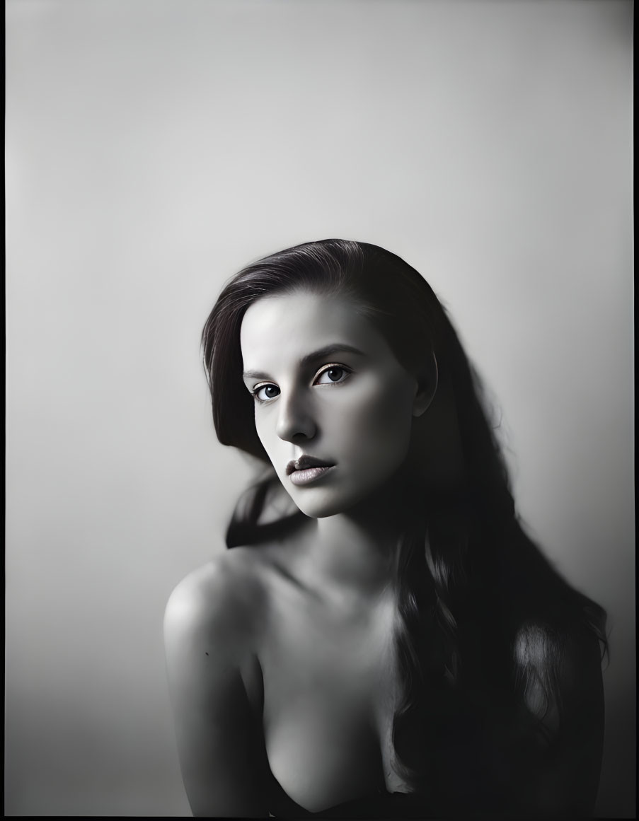 Monochrome portrait of a woman with long hair gazing thoughtfully.