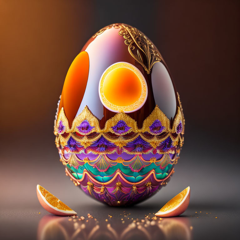 Intricate golden patterns on vibrant egg-shaped object on dark surface