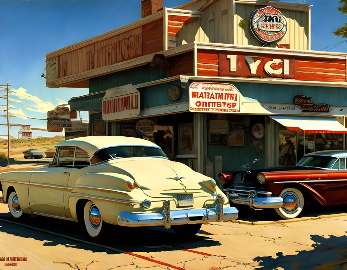 Retro diner with vintage cars and Cyrillic signage under clear blue sky