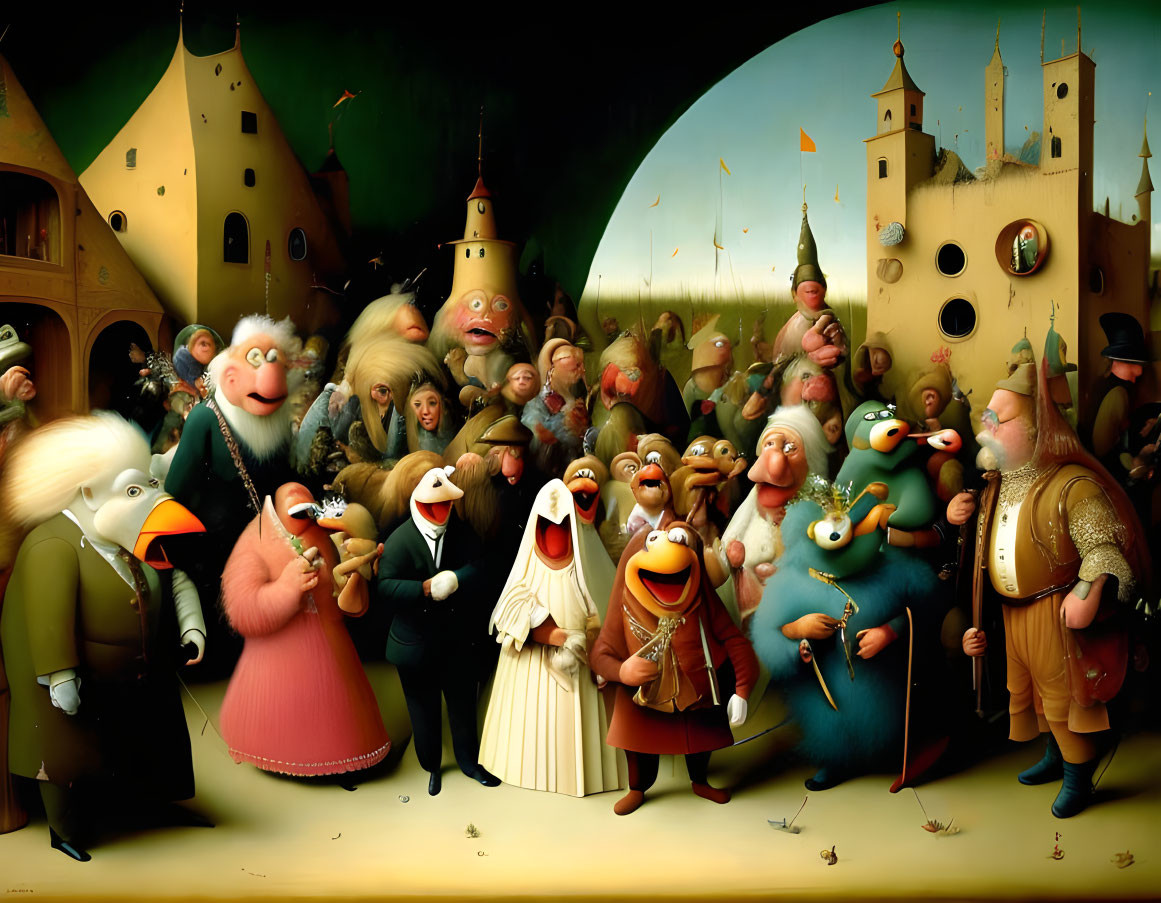 Colorful Muppets in medieval town setting with varied expressions