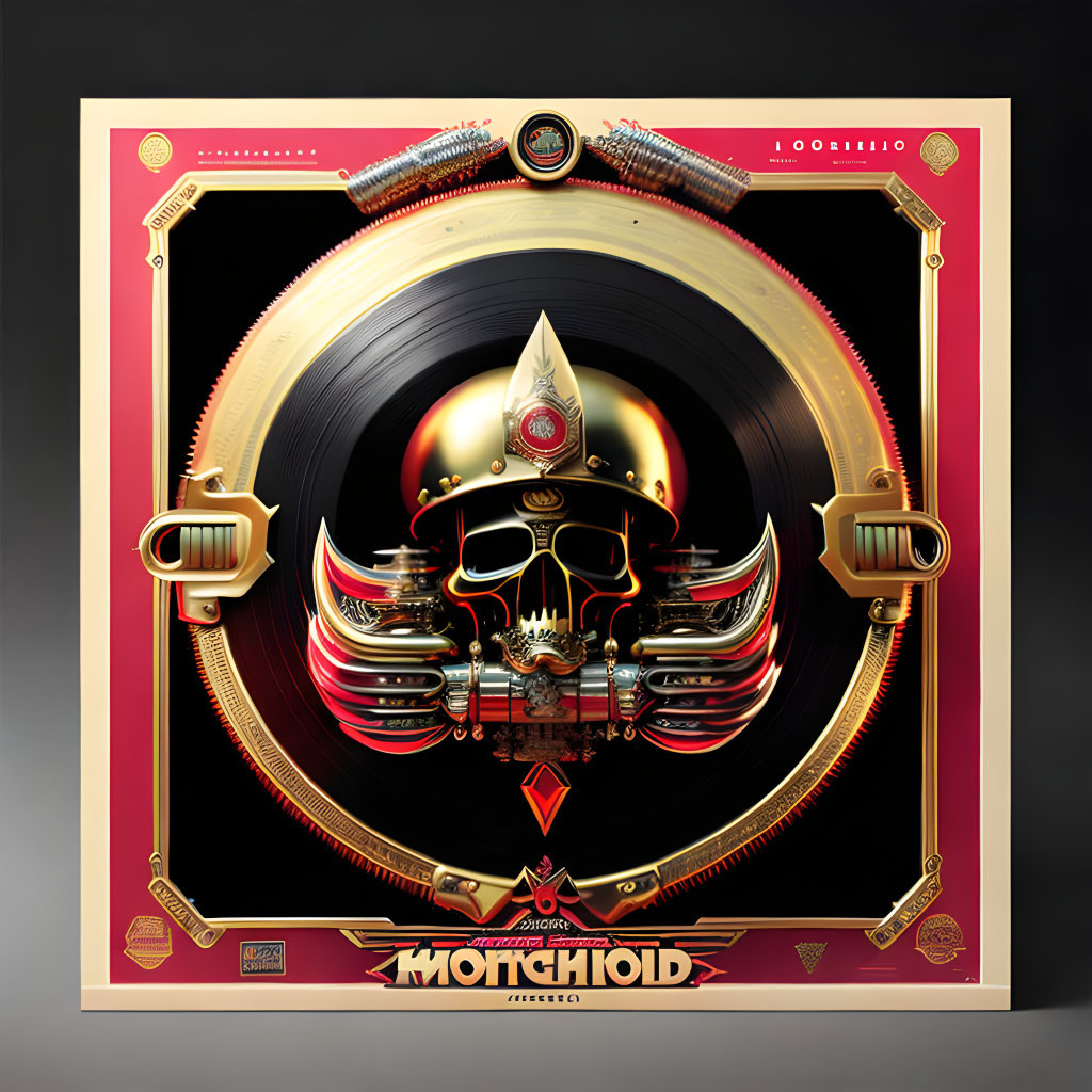 Vinyl record graphic art with futuristic skull design in gold and red.