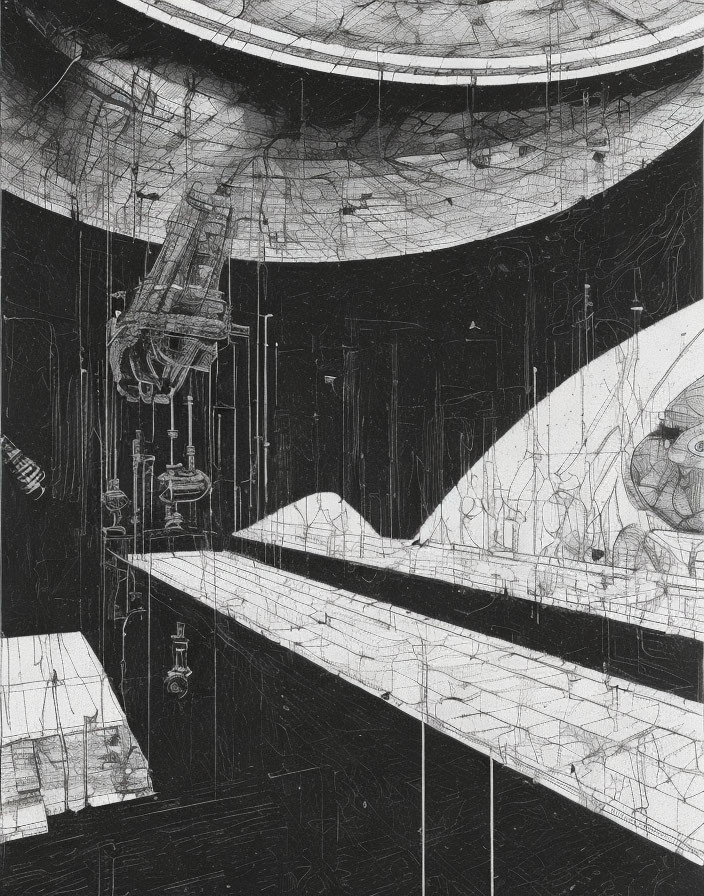 Monochromatic sci-fi sketch of domed structure with futuristic machinery and surreal landscape.