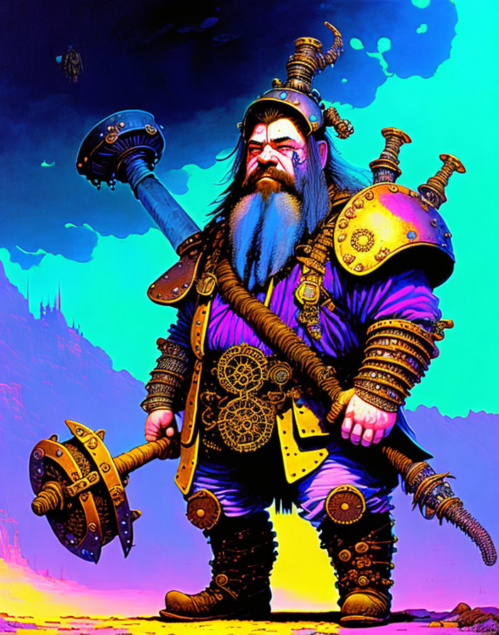 Vibrant steampunk dwarf with mechanical armor and hammer in colorful fantasy scene