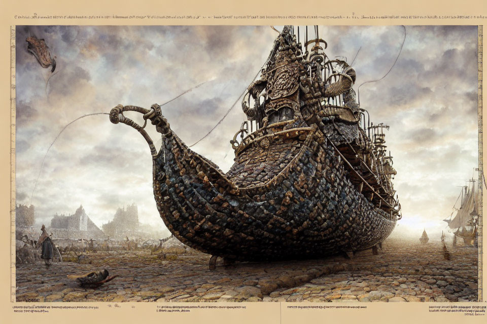 Fantasy vessel with curved prow in dry dock with period costumes and elaborate architecture