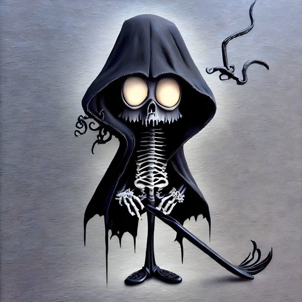 Sinister skeletal figure cartoon with glowing eyes and scythe