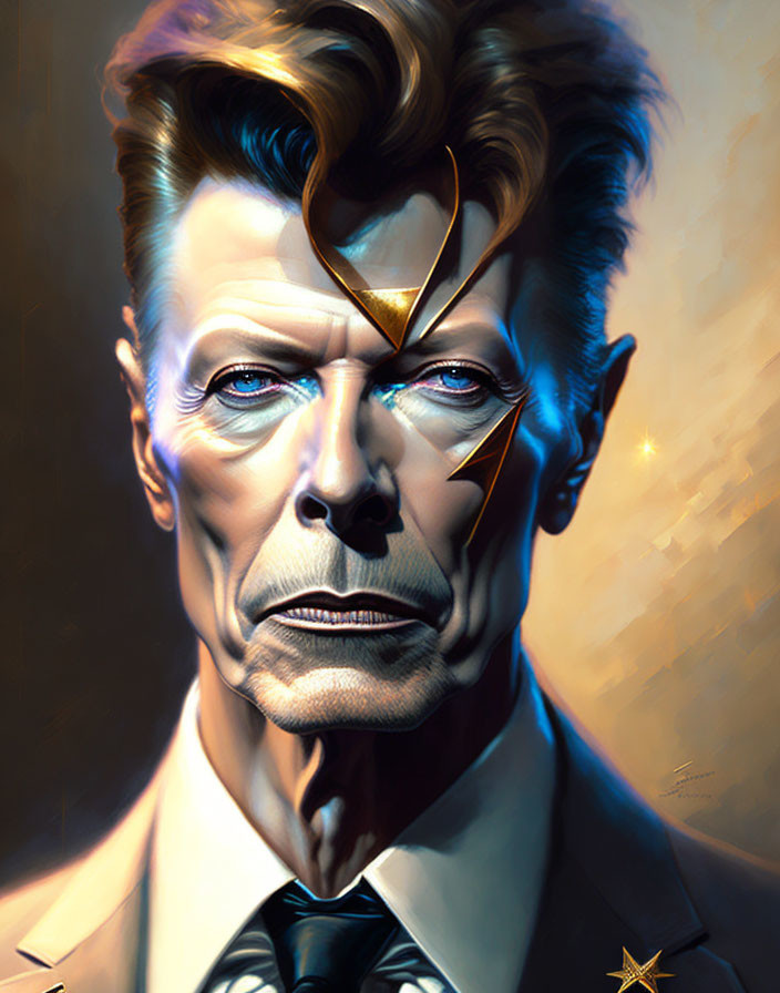 Detailed digital portrait of a man with unique facial features and lightning bolt design