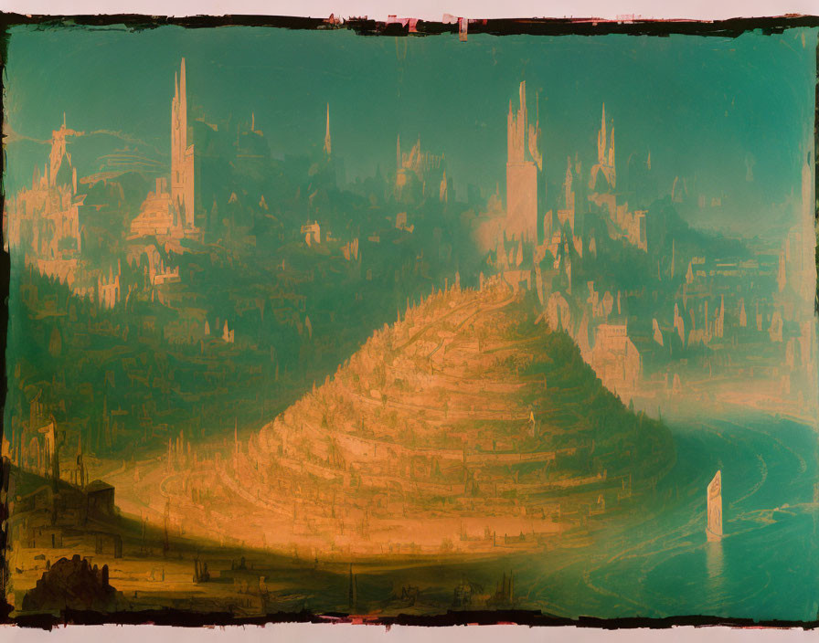 Fantastical cityscape with towering spires over water in warm sepia tones