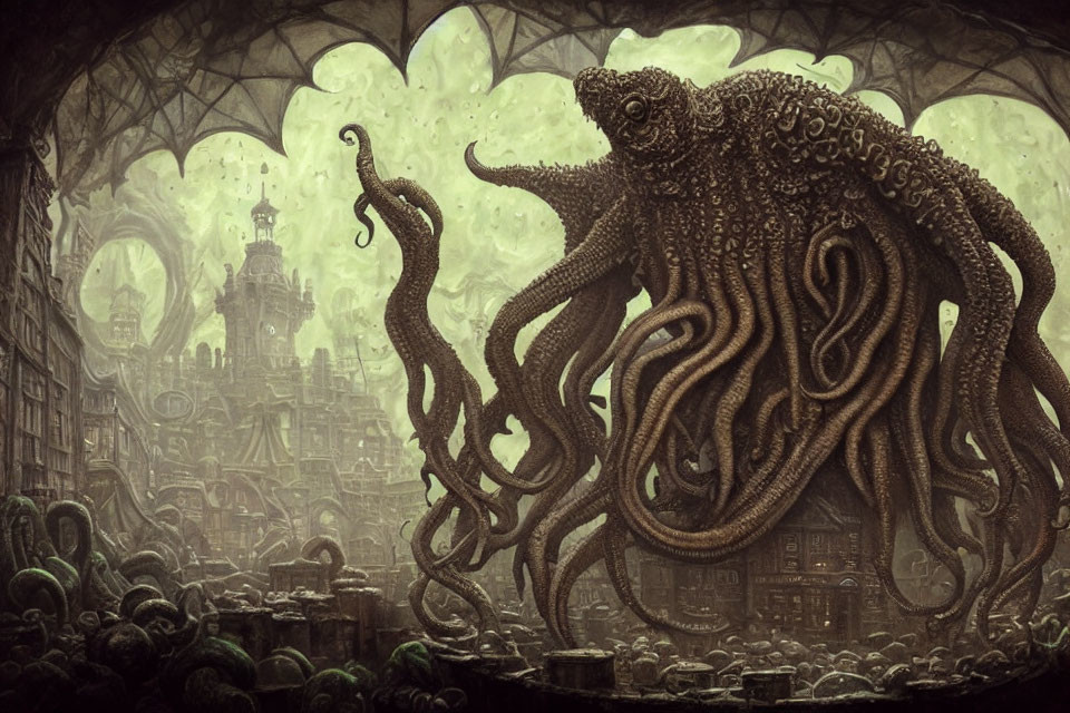 Giant octopus in cavernous cityscape with Gothic architecture