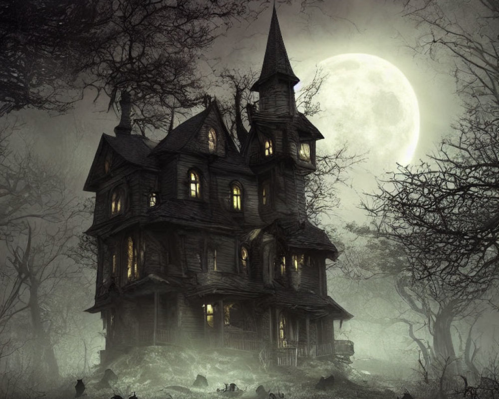 Victorian-style house under full moon with eerie landscape