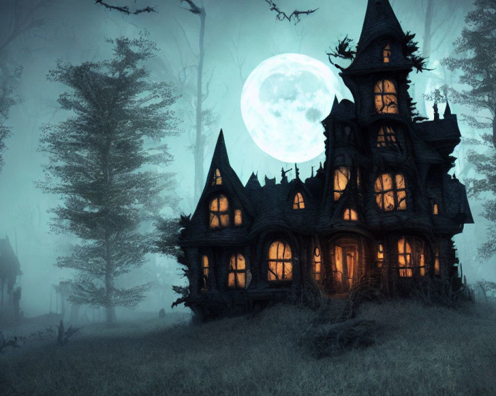 Gothic-style mansion under full moon with foggy night ambiance