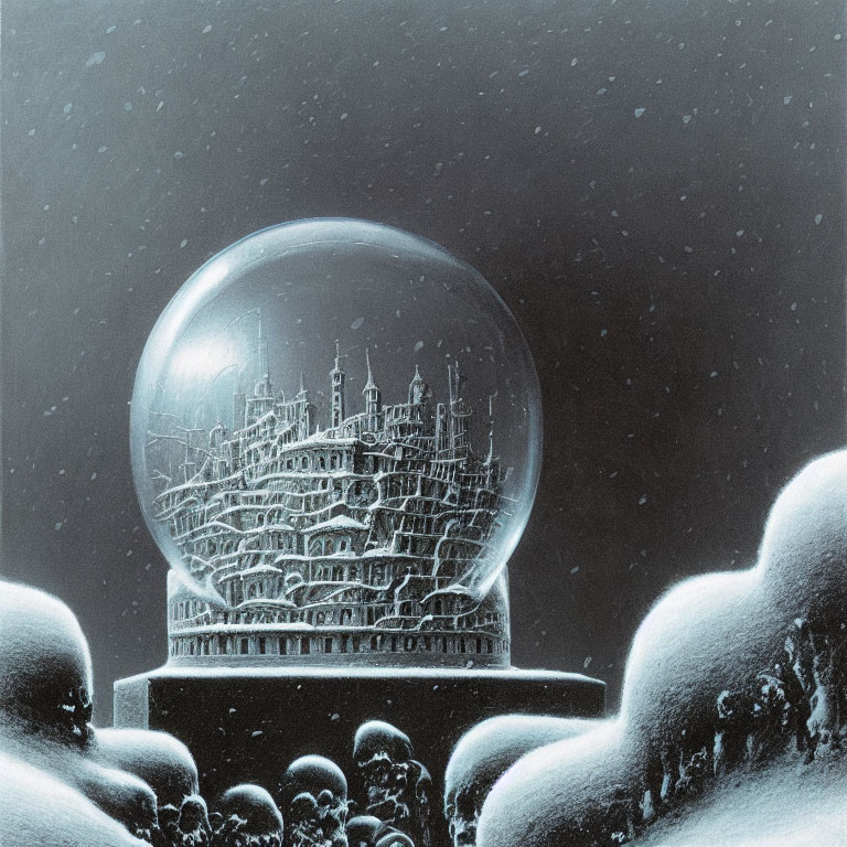 Detailed Snow Globe Cityscape Encased in Snowy Scene