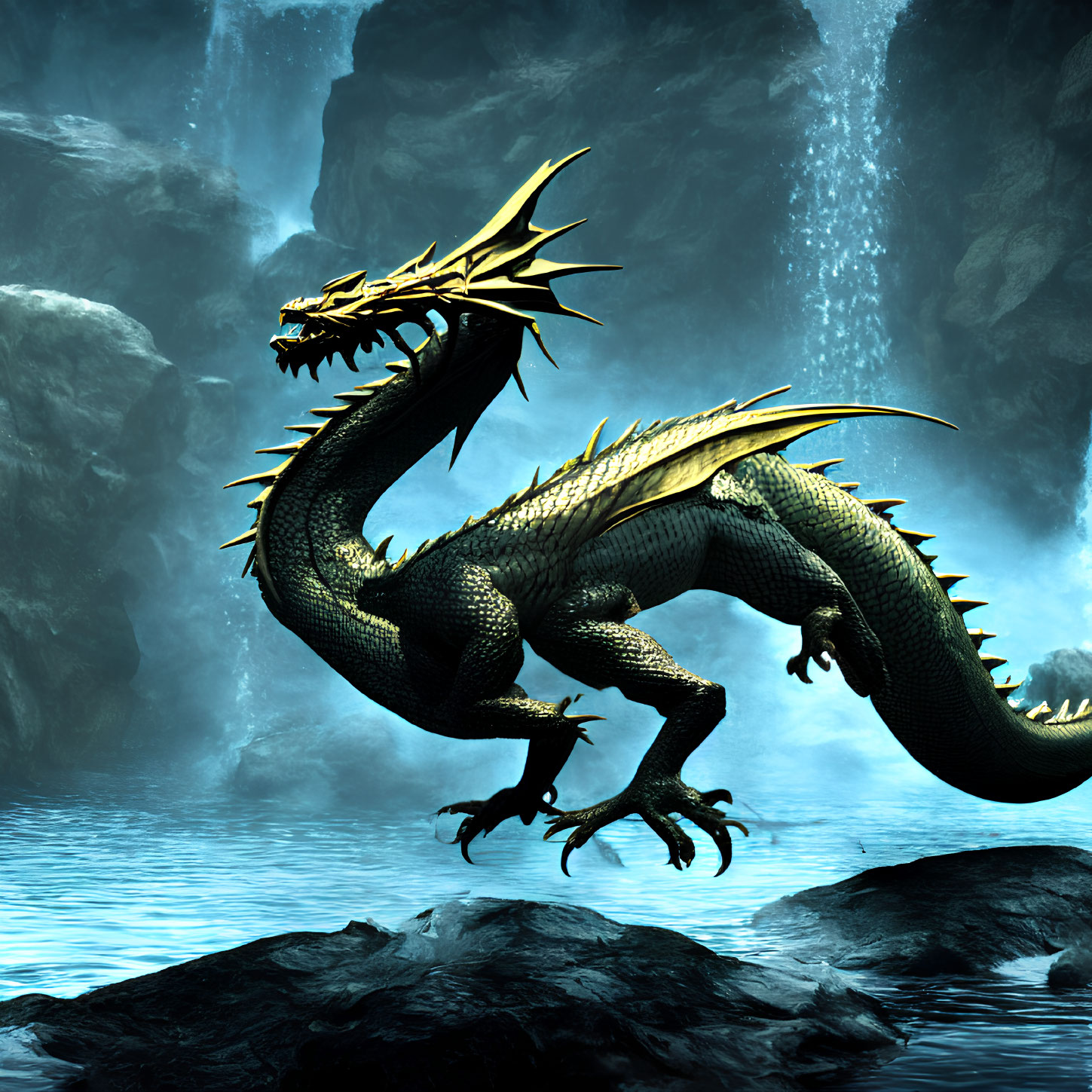 Golden-Horned Dragon in Dimly Lit Cave with Waterfall