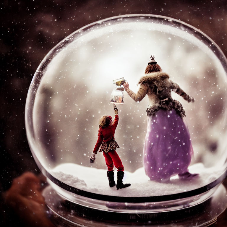 Child in red outfit reaching to adult with lantern in snow globe surrounded by snowflakes