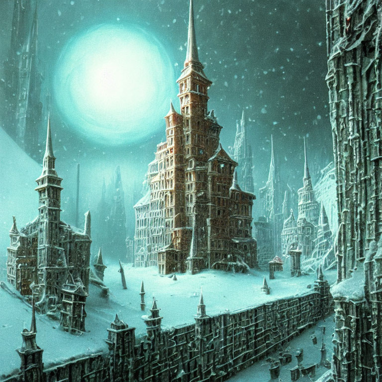 Snowy cityscape with towering spires under glowing moon