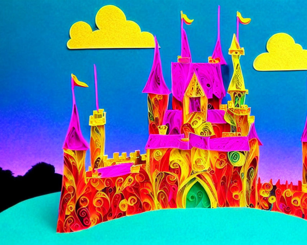 Colorful surreal castle illustration with swirling patterns and whimsical clouds