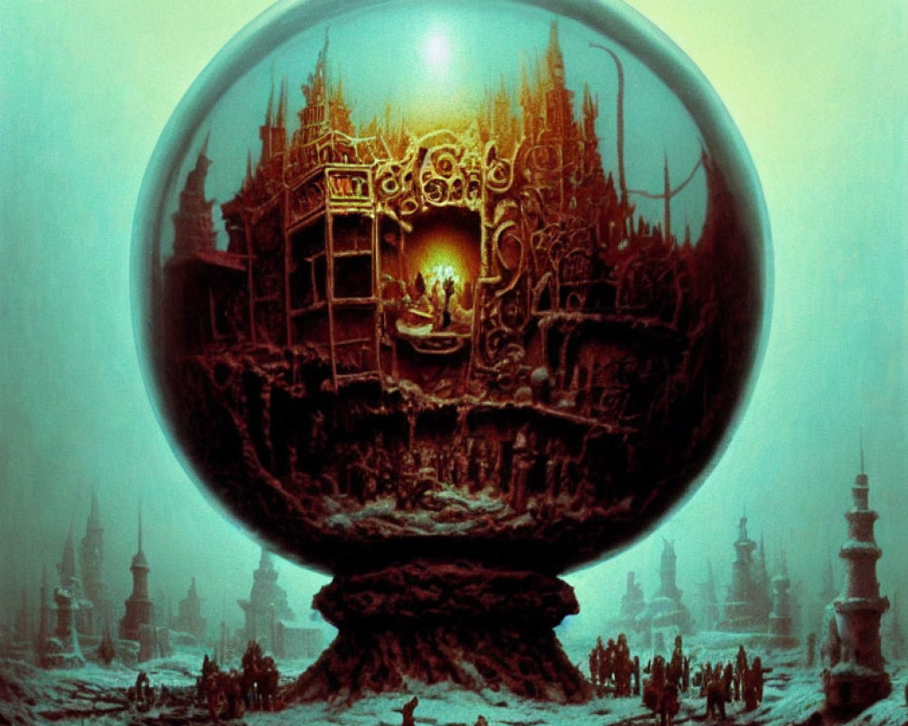 Intricate golden city in transparent sphere on pedestal with figures gathering in misty setting