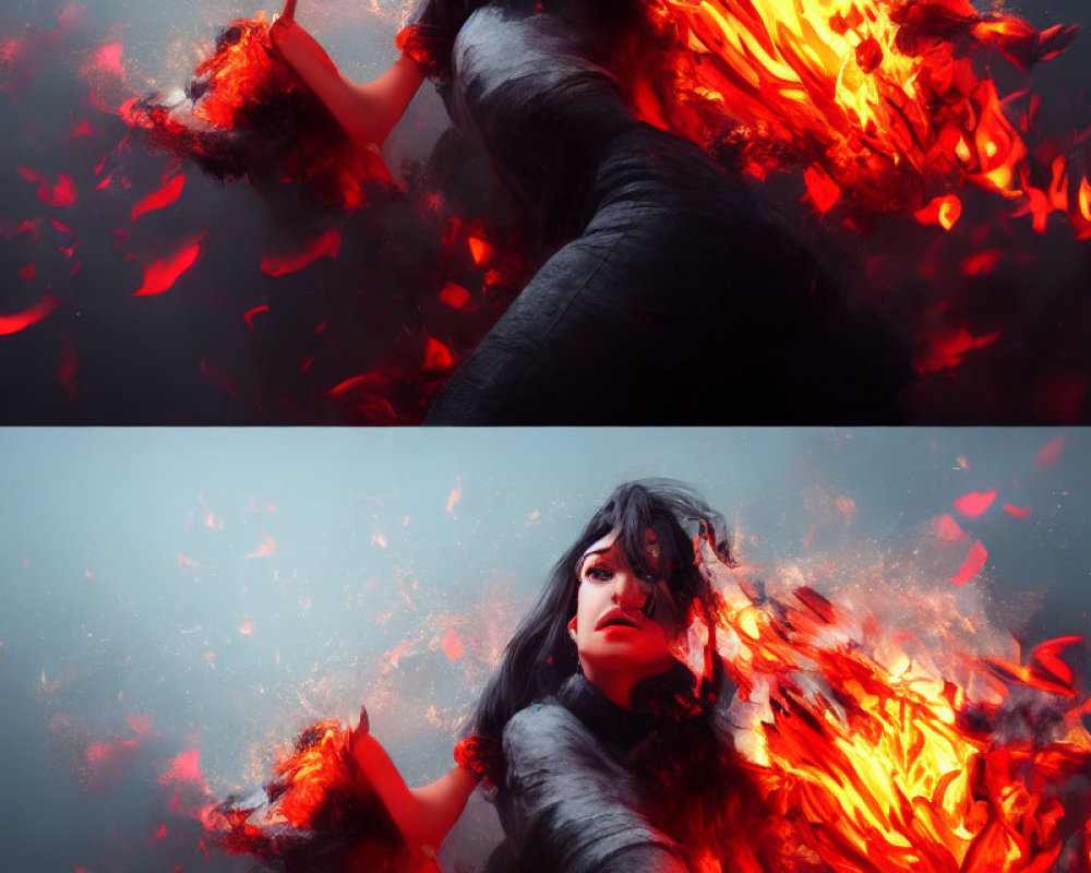 Dark-haired woman wields fire in surreal image