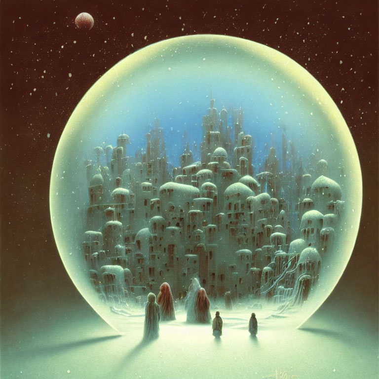 Group of figures near futuristic dome city under starry night sky