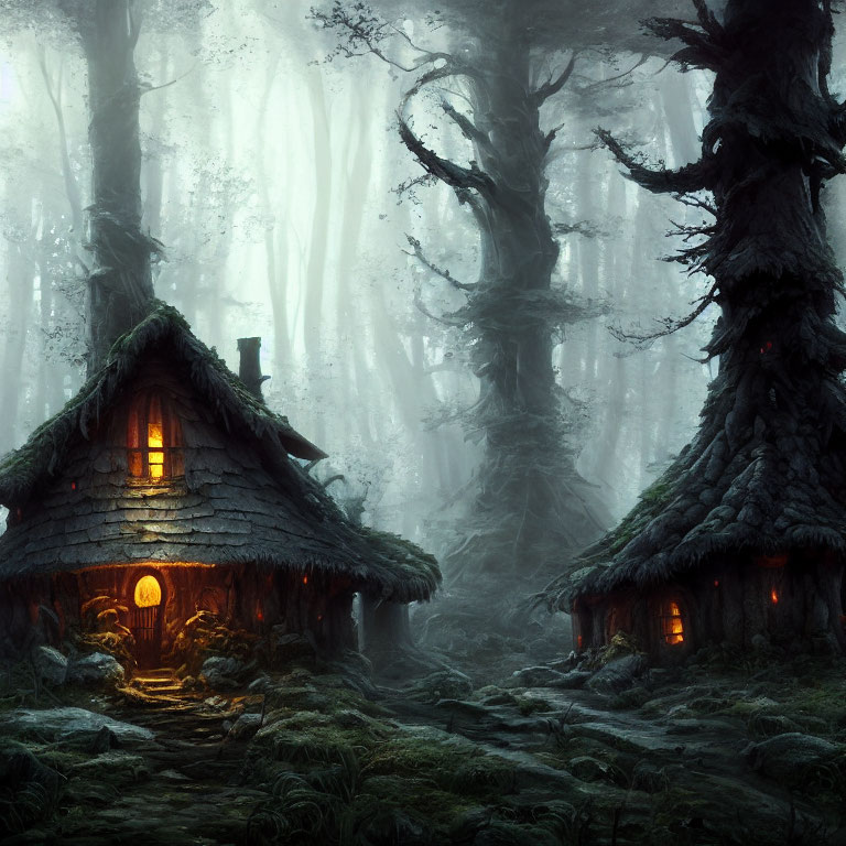 Enchanting forest scene with illuminated cottage and ancient trees