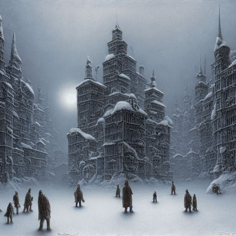 Snowy landscape with towering structures and figures in winter clothing.