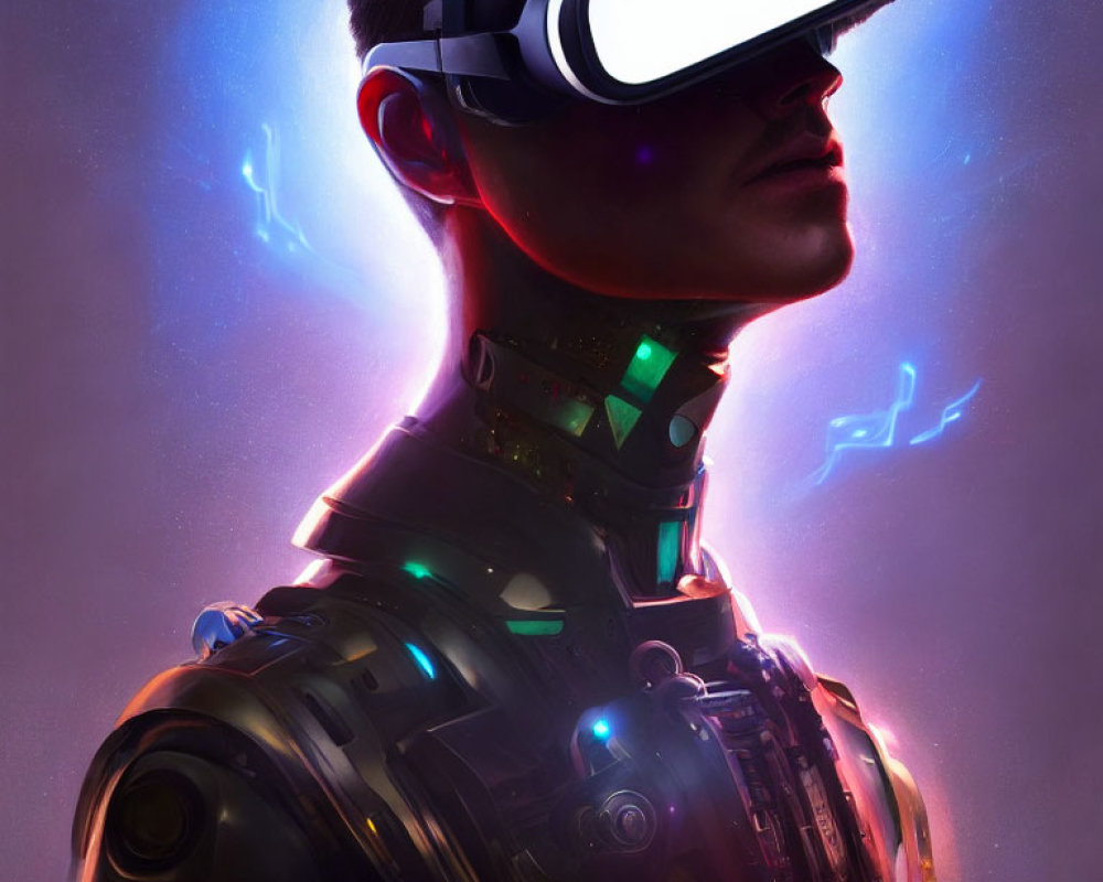 Futuristic VR headset and robotic suit in neon lights