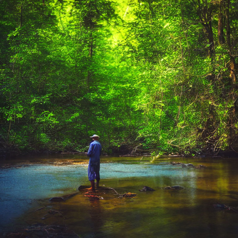 Person in Blue Coat Standing on Rocks in Serene Forest Creek