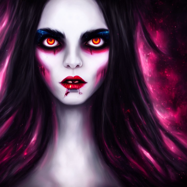 Female figure with red eyes and cosmic background in digital portrait