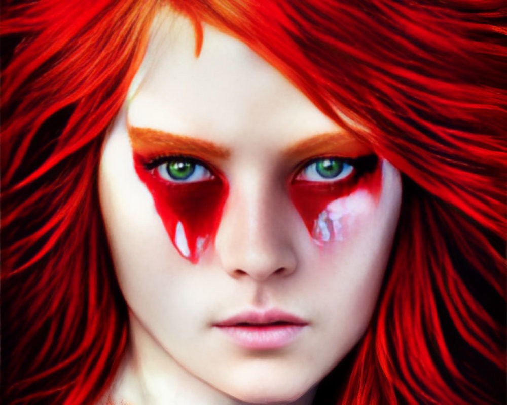 Vibrant digital portrait with red hair, green eyes, and red tears