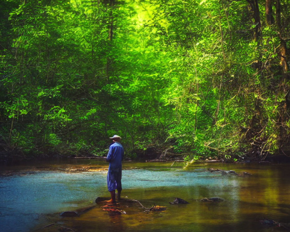 Person in Blue Coat Standing on Rocks in Serene Forest Creek