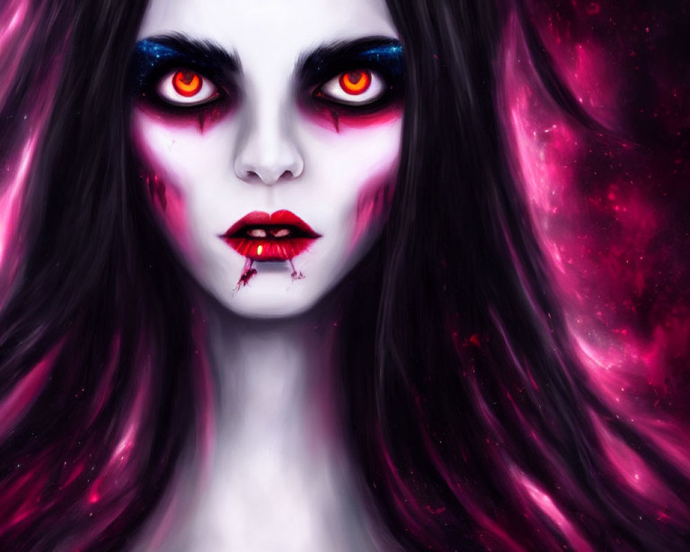 Female figure with red eyes and cosmic background in digital portrait