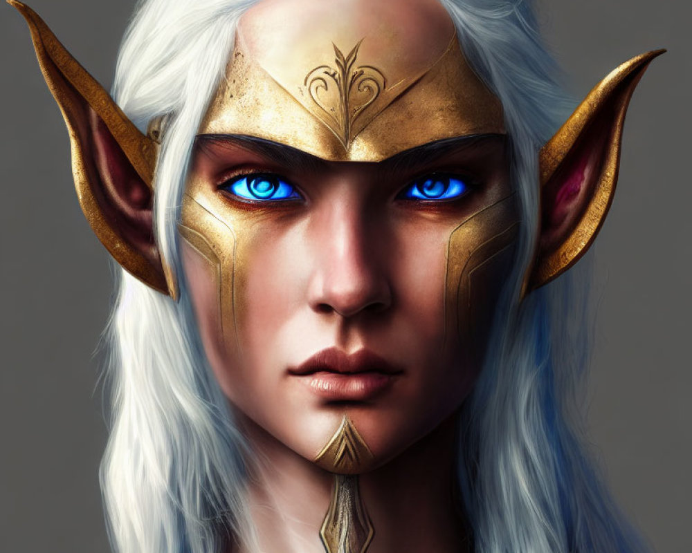 Fantasy female character with blue eyes, white hair, pointed ears, and gold armor.