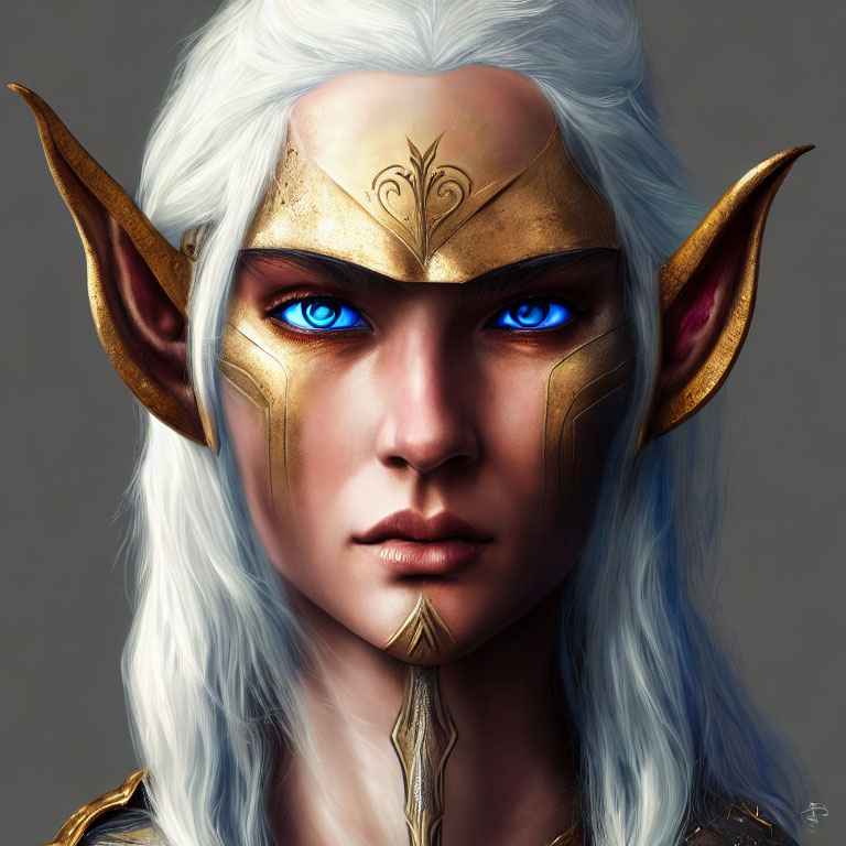 Fantasy female character with blue eyes, white hair, pointed ears, and gold armor.