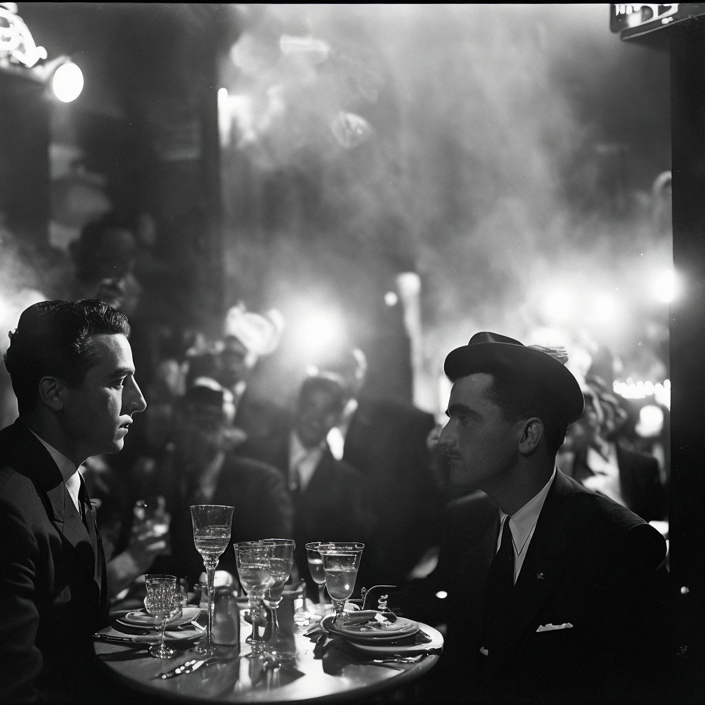 Men in suits at dimly lit table with onlookers and drinks