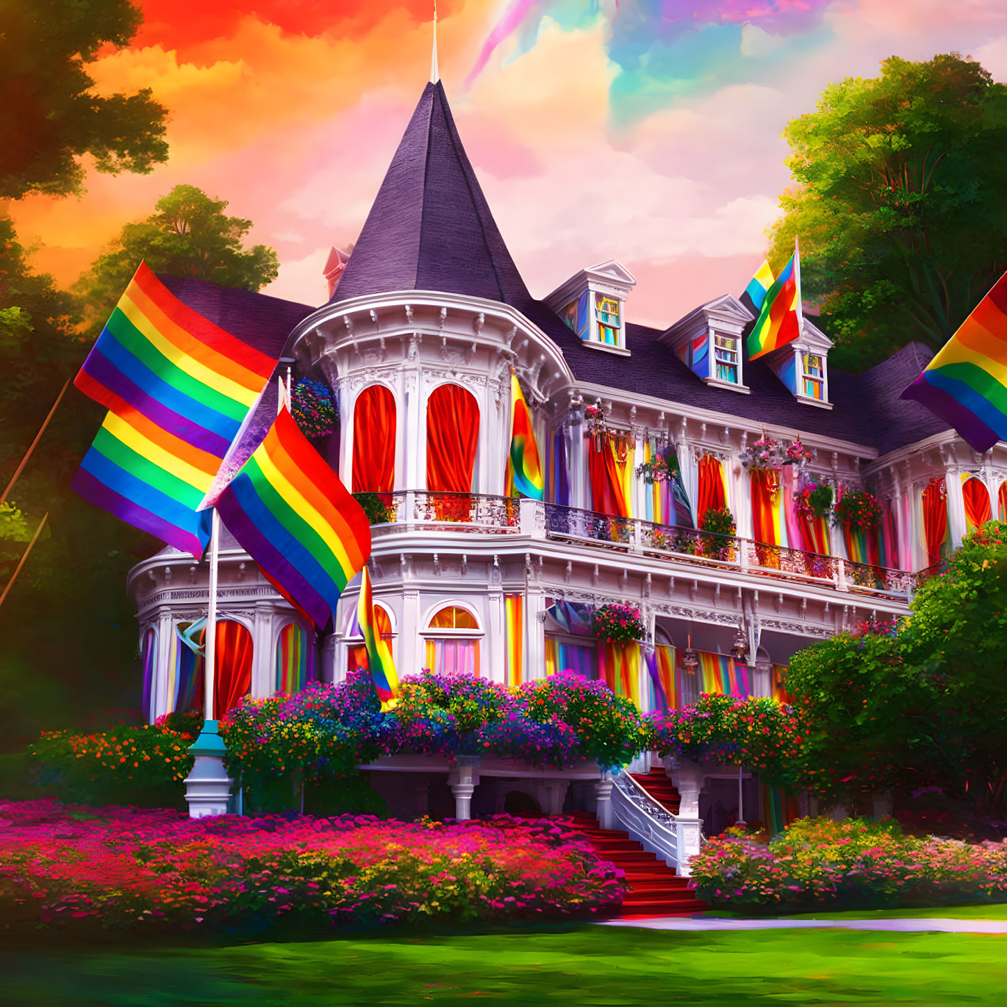 Victorian-style mansion with rainbow flags in vibrant sunset setting