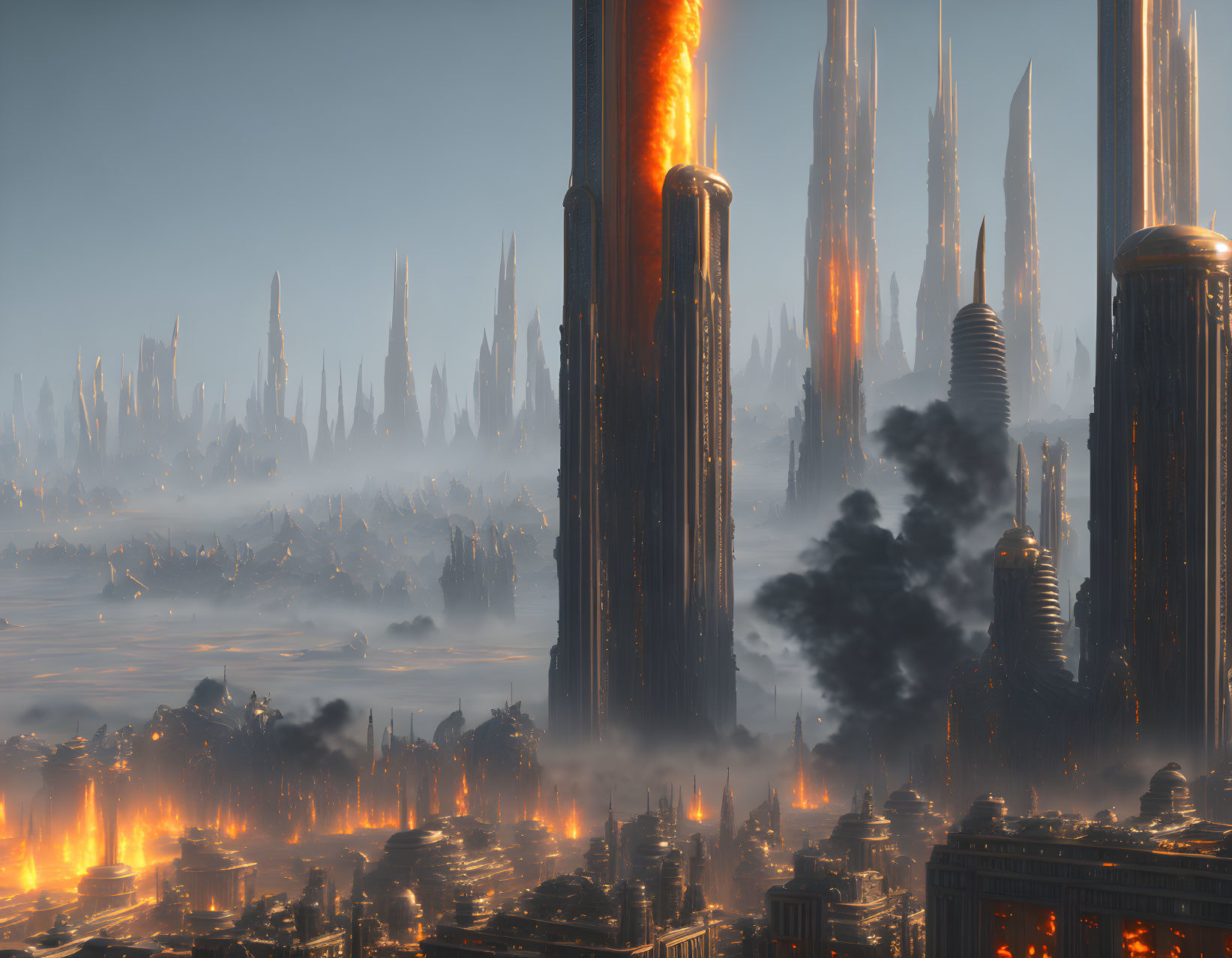 Futuristic cityscape with towering structures and glowing lights in a dusk setting.