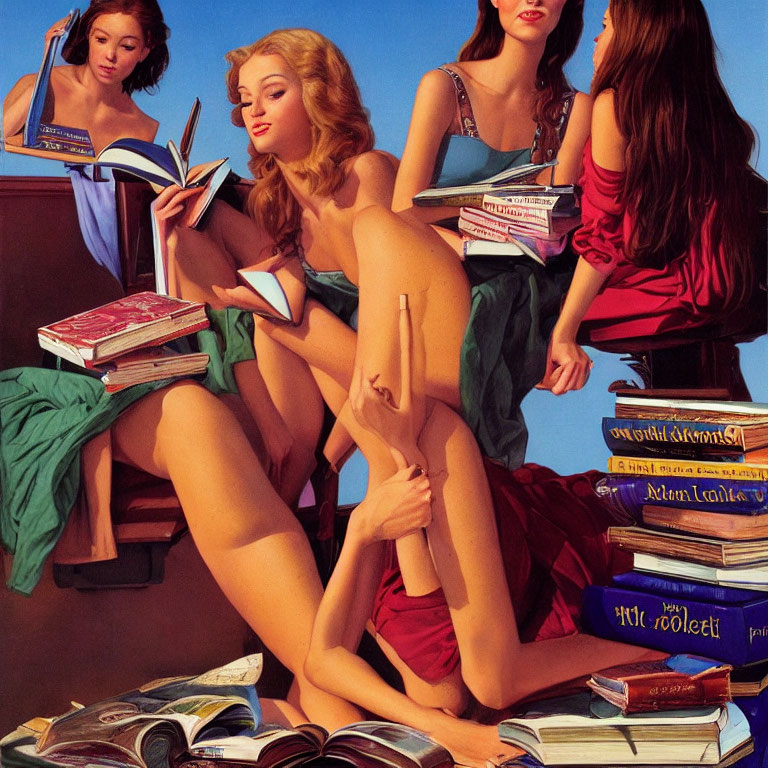 Three women reading books among colorful books on blue background