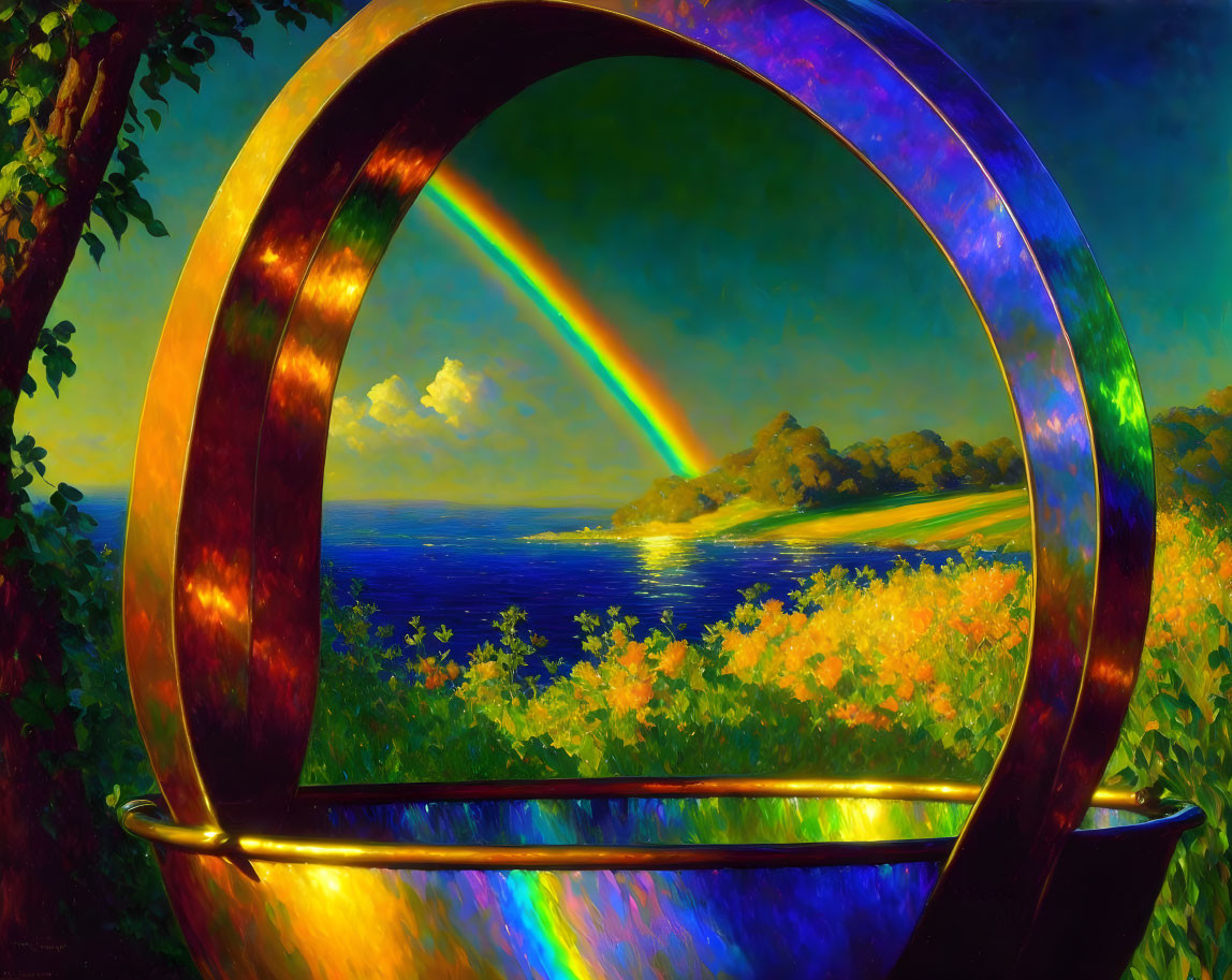 Colorful surreal painting of metallic loop framing seascape, rainbow, greenery, flowers.