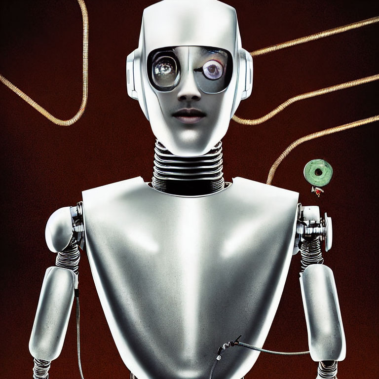 Metallic humanoid robot in retro design with white glasses and background cables