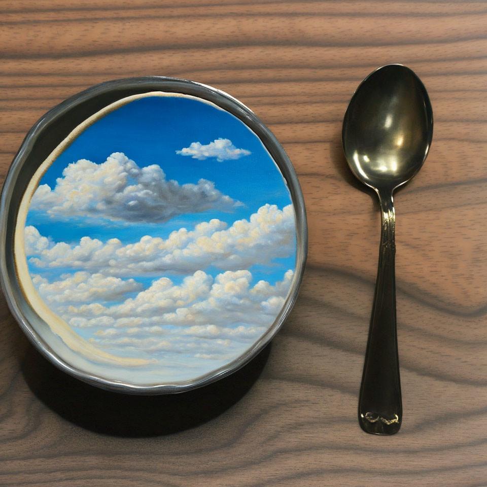 Sky and Cloud Pattern Bowl on Wooden Surface with Spoon