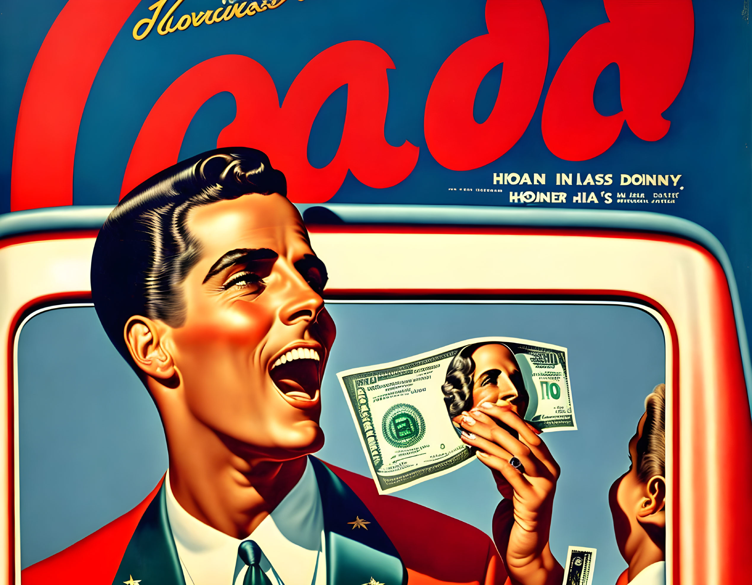 Smiling man holding money with woman reflected in teeth in vintage-style ad