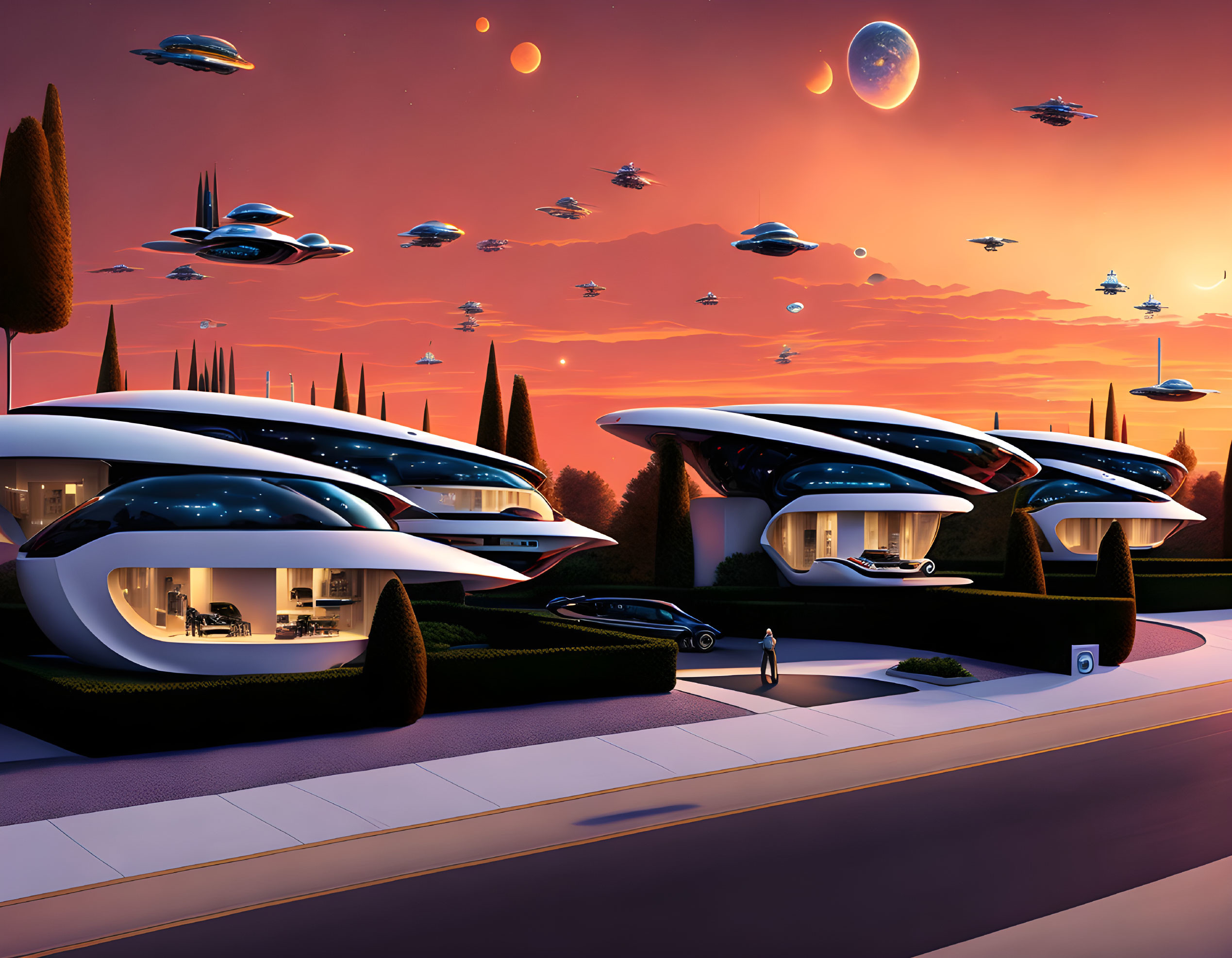 Futuristic cityscape at dusk with flying cars and multiple moons