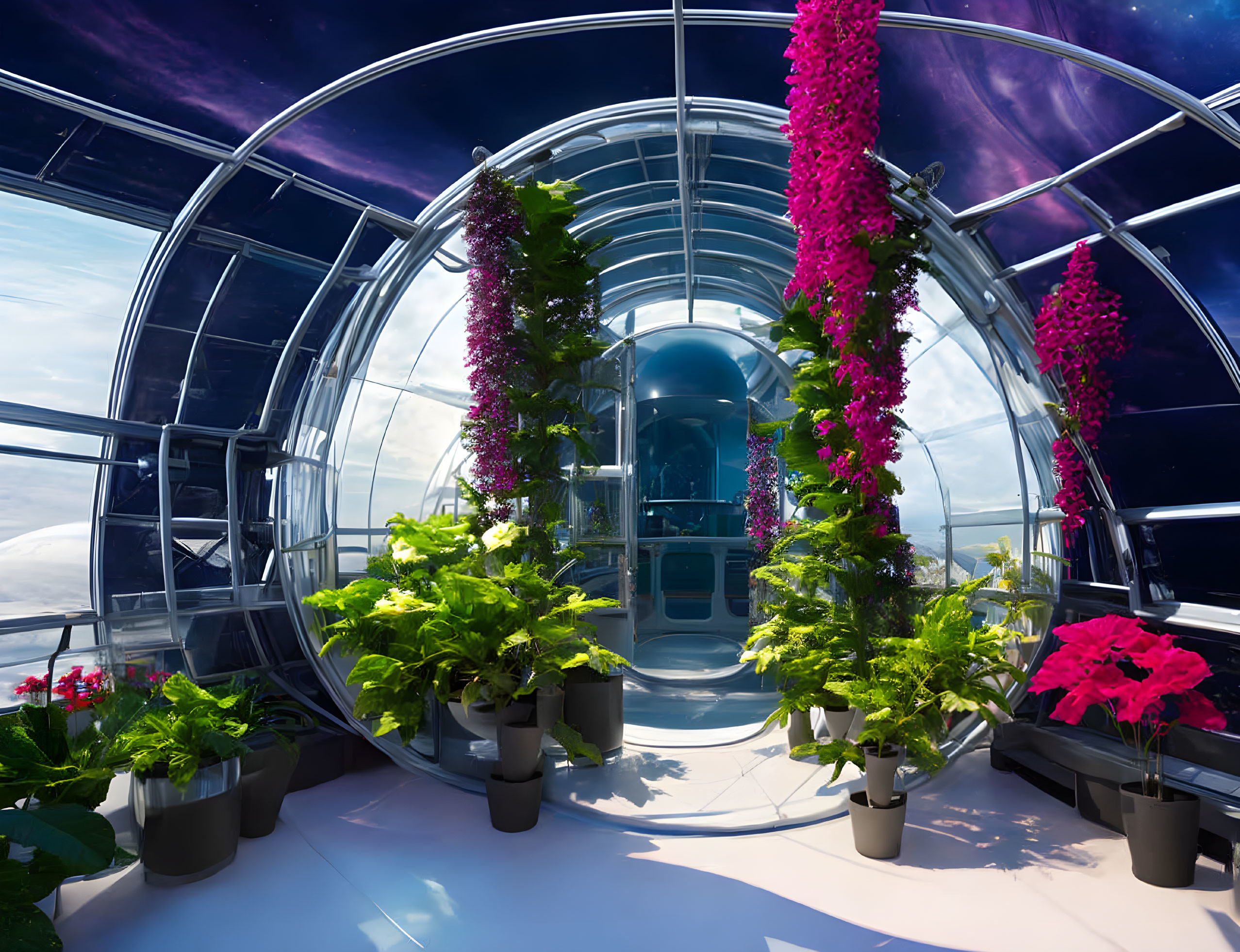 Glass Dome with Lush Plants and Flowers Under Cloudy Sky