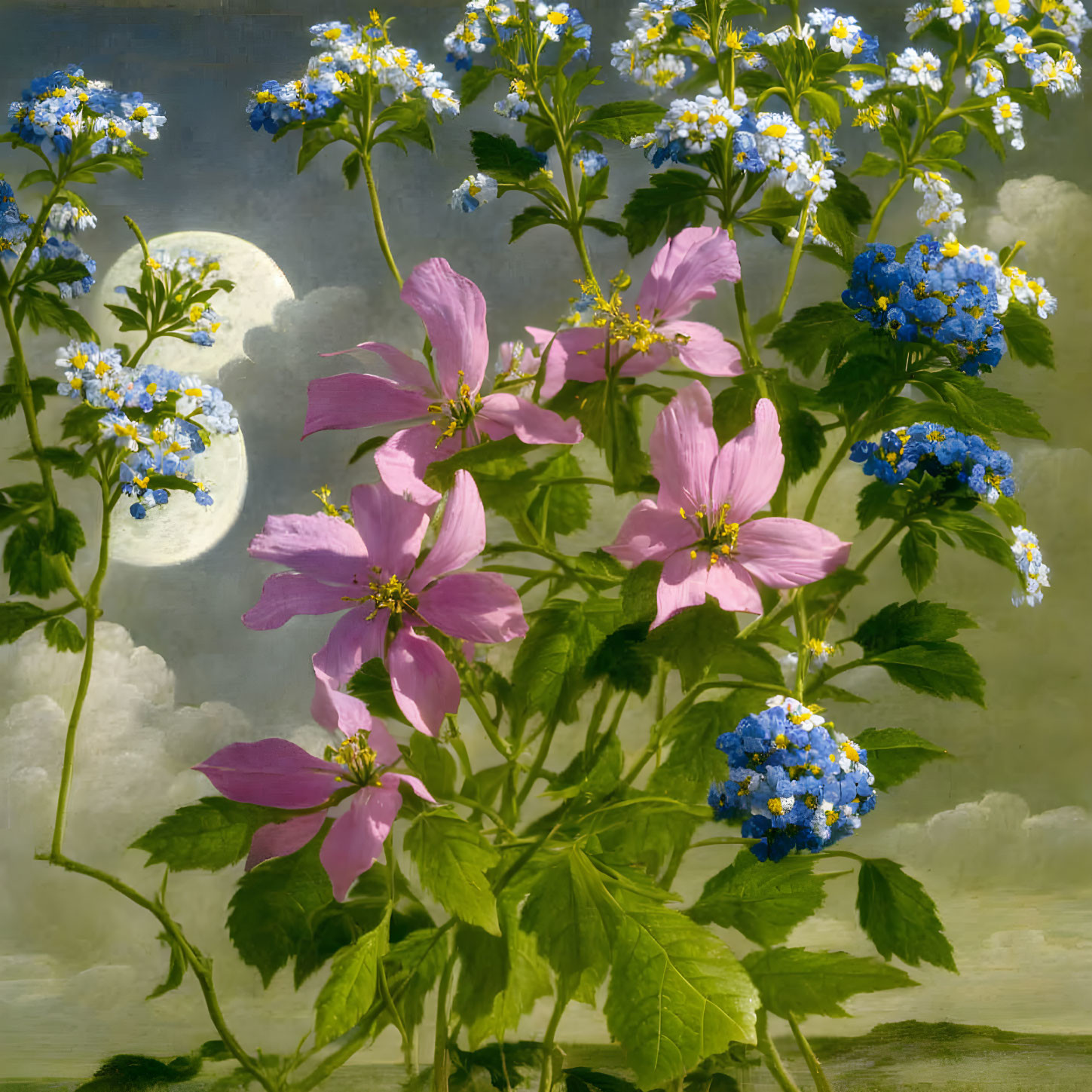 Pink and Blue Flowers with Full Moon and Cloudy Sky