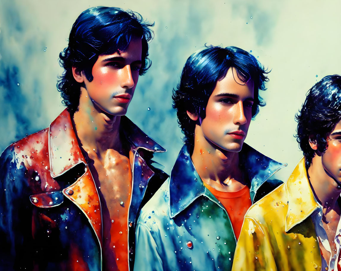 Colorful jackets on three young men with wet, paint-like texture against blue background