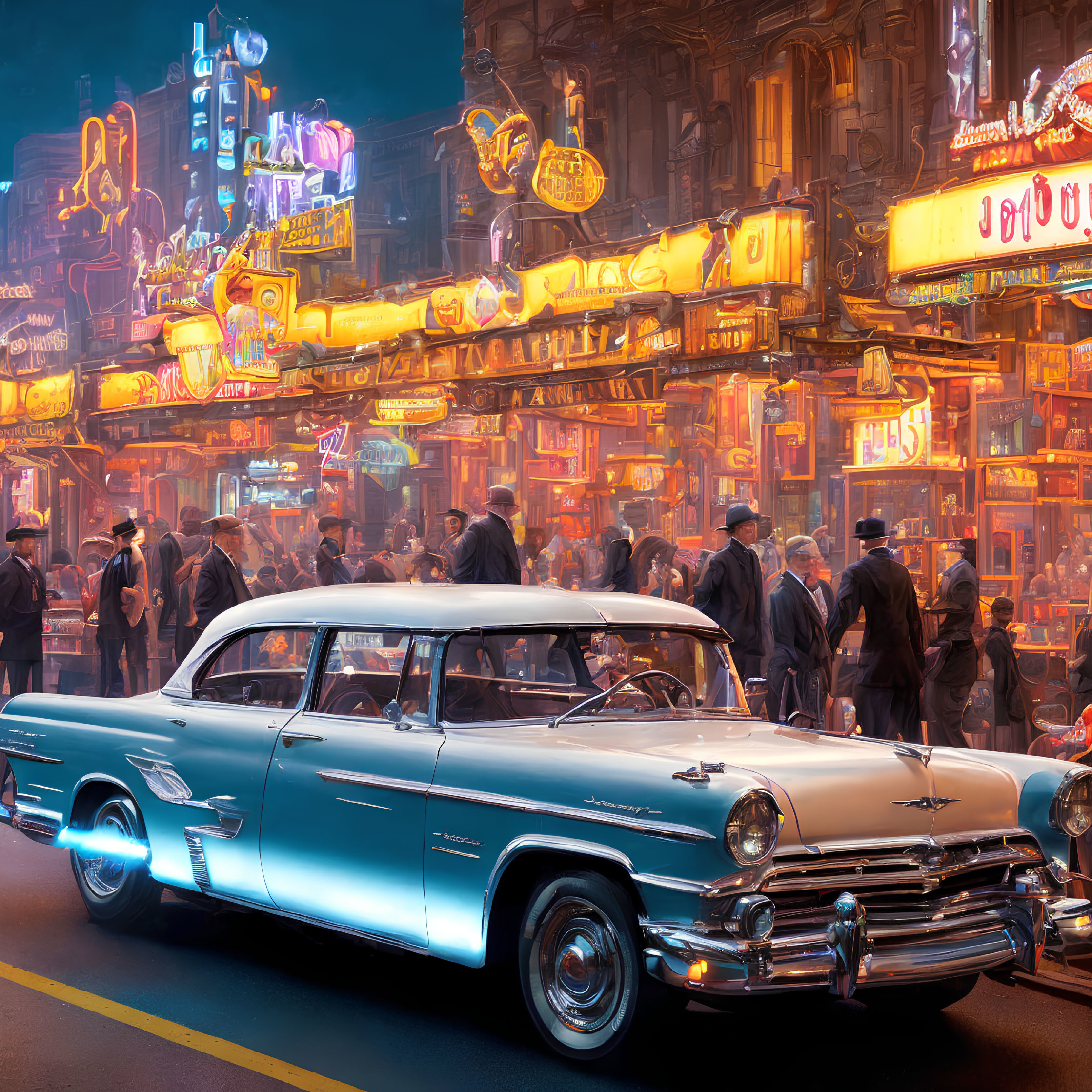 Night Cityscape: Neon Signs, Crowds, Vintage Car