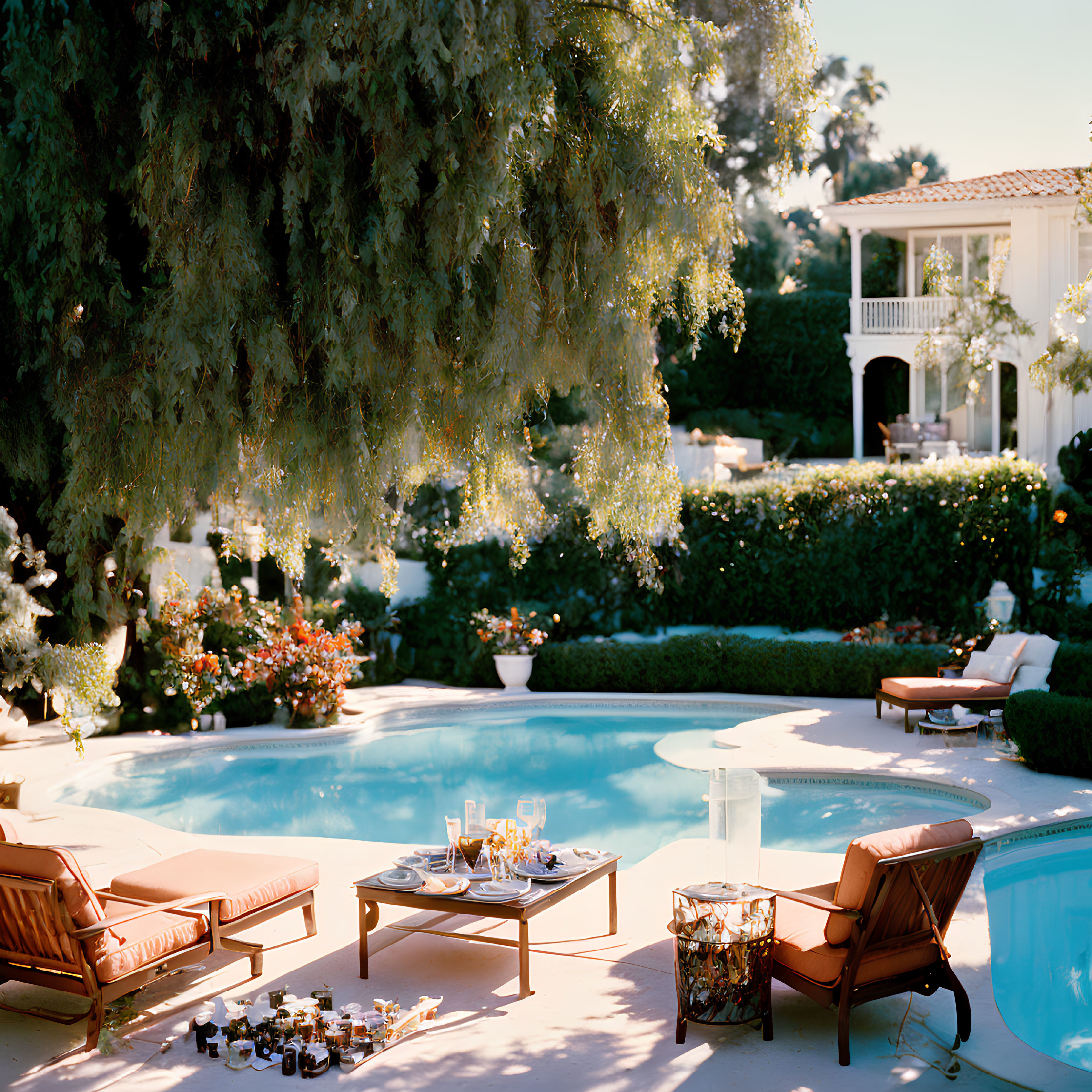 Elegant poolside scene with loungers, table, and greenery