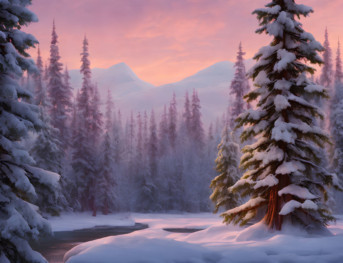 Snow-covered fir trees, frozen river, pink sky: Serene winter landscape.