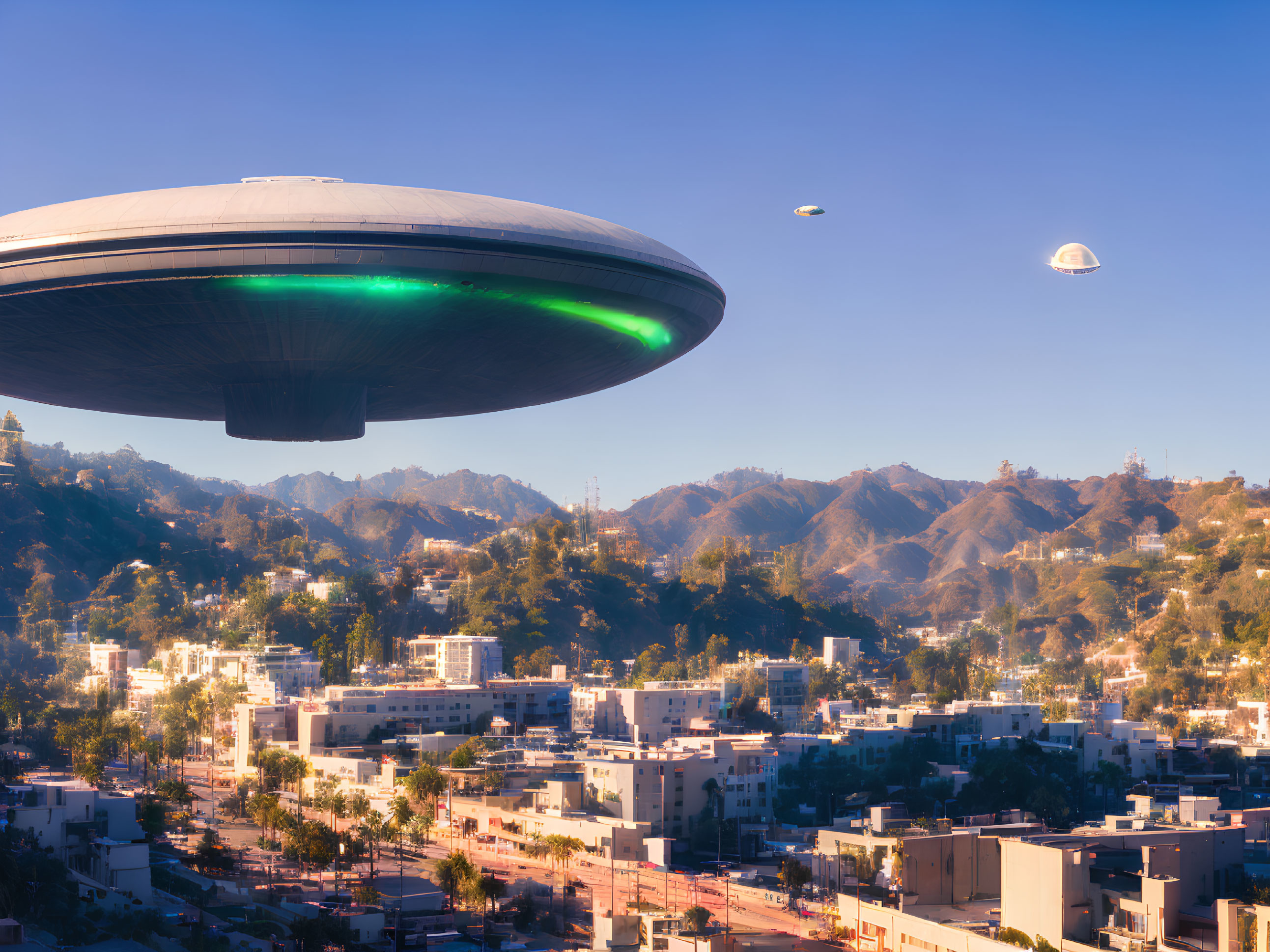 Large UFO and smaller flying object over sunny cityscape with hills