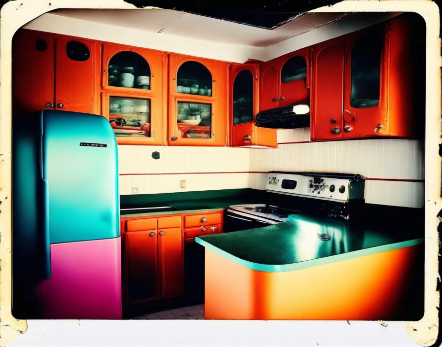 Retro Kitchen Design with Orange Cabinets & Blue Fridge